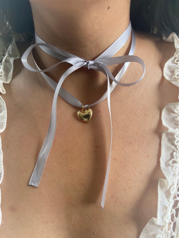 Cherie Ribbon Necklace Coquette Collection Heart Charm LDR Ribbon Bow  Pendant 