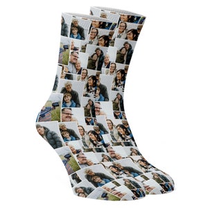 May include: A pair of white socks with a photo collage of a family printed on them. The photos are arranged in a grid pattern and feature a variety of people, including adults and children.