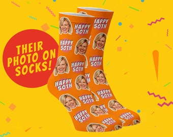 Custom Happy 50th Birthday Photo Socks, Custom Socks, Personalised Gift, Their Face on Socks