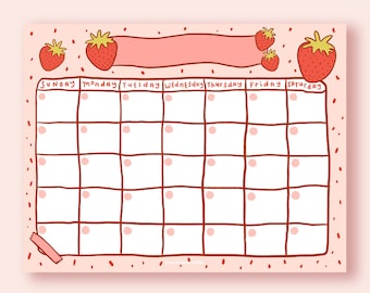 Strawberry Open Printable Calendar / Open Cute Printable Calendar / Cute Digital Calendar / Digital Calendar / Open Pink Cute Calendar
