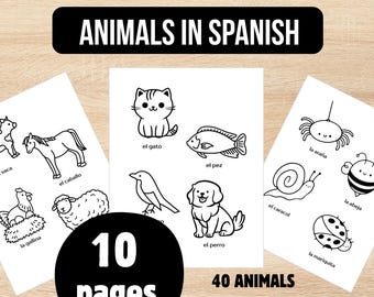 Spanish Animals Coloring 10 Pages - Instant Digital Download - Kids Learn Español - 40 Animales - Páginas para Colorear Printables