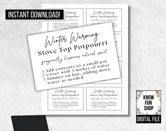 Stove Top Potpourri Gift Tags Instructions - Simmer Pot - PDF Digital Printable Download - Elegant Winter Warming DIY Cards