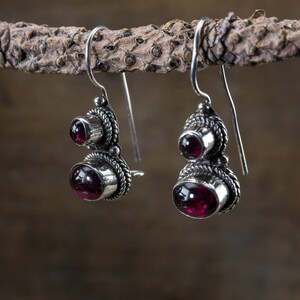 Garnet Silver Earrings, Bali Silver, 2 Gemstone Garnet Earrings, 925 Sterling Silver Earrings