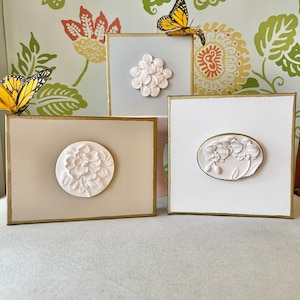 Botanical Intaglio Art on 5X7 or 6X6 Canvas, Plaster medallions of Magnolia hydrangea orchid lotus flower, Modern Grand Tour Intaglios