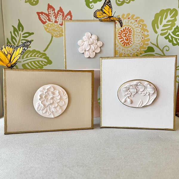 Botanical Intaglio Art on 5X7 or 6X6 Canvas, Plaster medallions of Magnolia hydrangea orchid lotus flower, Modern Grand Tour Intaglios