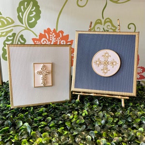 Christian Cross Intaglio Art on 5X7 or 6X6 Canvas, Plaster Medallion Fleur-de-lis, Celtic cross and Christian iconography, religious art
