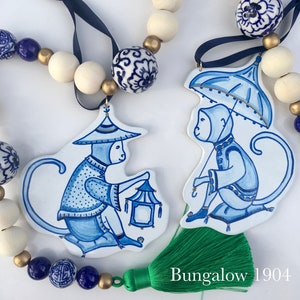 Chinoiserie ornament set, Blue and white Christmas ornament, Monkeys, Parasol, Lantern