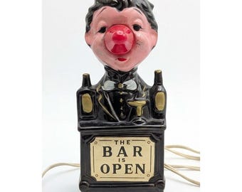 Vintage 1950s The Bar Is Open Bartender Red Nose Lamp Man Cave Japan Works 7.5"