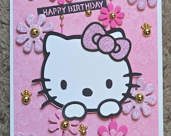 Cat Birthday Card – Pink, Red, Black, Greeting for Her (Blank Inside) Birthday Card - (Women) Handmade gift for her
