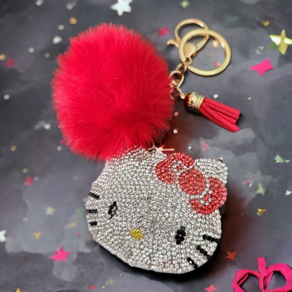 sanrio Hello Kitty keychain, rhinestone Key chain with Pom Pom - red,pink, blue, hello kitty gift, hello kitty Charm,gift for her, tassel