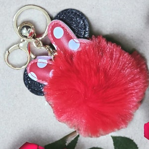 Minnie Mouse Keychain: Glittery Ears, Fluffy Pom Pom Bag Charm