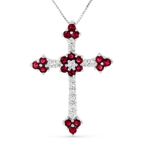 14K Gold Diamond and Gemstone Cross Pendant, in RUBY or EMERALD or SAPPHIRE, White Gold, Gift, Birthstone Necklace