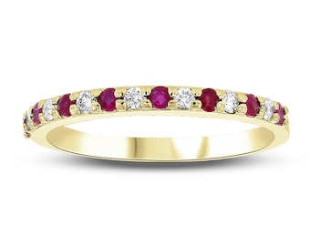 Ruby Diamond Half Eternity Ring: 14k Gold Stacking Band, July Birthstone, Anniversary Wedding