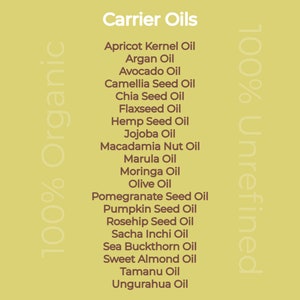 Puede incluir: Una lista de aceites portadores, que incluyen aceite de hueso de albaricoque, aceite de arg&aacute;n, aceite de aguacate, aceite de semilla de camelia, aceite de semilla de ch&iacute;a, aceite de linaza, aceite de semilla de c&aacute;&ntilde;amo, aceite de jojoba, aceite de nuez de macadamia, aceite de marula, aceite de moringa, aceite de oliva, aceite de semilla de granada, aceite de semilla de calabaza, aceite de rosa mosqueta, aceite de sacha inchi, aceite de espino amarillo, aceite de almendras dulces, aceite de tamanu y aceite de ungurahua. El texto '100% Org&aacute;nico' est&aacute; en el lado izquierdo de la imagen y '100% Sin refinar' est&aacute; en el lado derecho de la imagen.