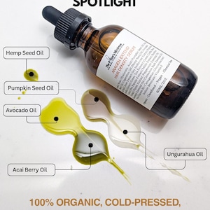 May include: A brown glass bottle of "Anagen Extend Hair Density Serum" with a black dropper, next to colorful oil samples. The image highlights Hemp Seed, Pumpkin Seed, Avocado, Acai Berry, and Ungurahua oils. Text reads "Carrier Oil Spotlight".