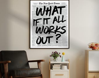 Retro krantenprint, wat als het allemaal lukt, motiverende muurkunst (digitale download)