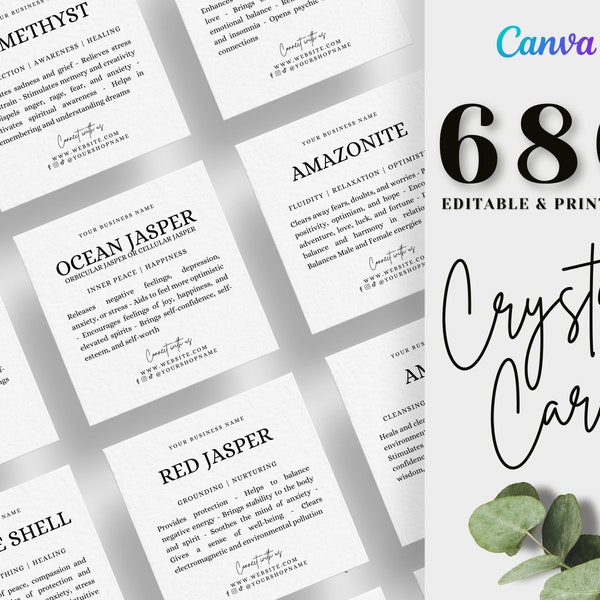 680 tarjetas de información de cristal imprimibles, tarjetas de significado de cristal, tarjetas de piedras preciosas imprimibles, Instagram de cristal, Canva de cristal, descarga de cristal