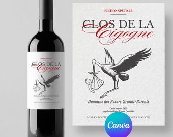 Étiquette de vin annonce grossesse – Modèle Canva personnalisable à imprimer – Idée originale pour futur papa, mamie, papy, tonton, tata