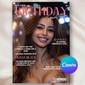 Modello di rivista di compleanno in stile Vogue, 46 pagine modificabili in Canva, copertina di rivista di compleanno personalizzabile, regalo per la migliore amica