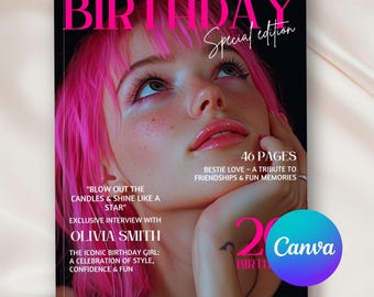 Vogue Birthday Magazine Template Canva, 46 Editable Pages Vogue Magazine, Personalized Birthday Magazine Cover, Bestie Gift, Custom Gift