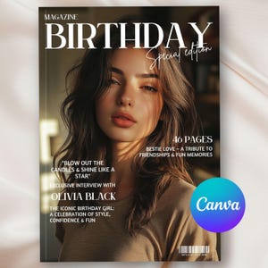 Vogue バースデー マガジン テンプレート Canva、46 ページの編集可能な Vogue マガジン、パーソナライズされたバースデー マガジンの表紙、親友へのギフト、カスタム ギフト