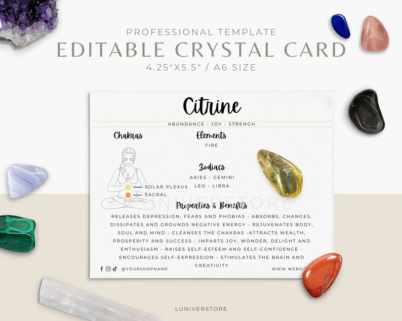 Editable Citrine Properties Card Crystal Benefits Card | Etsy