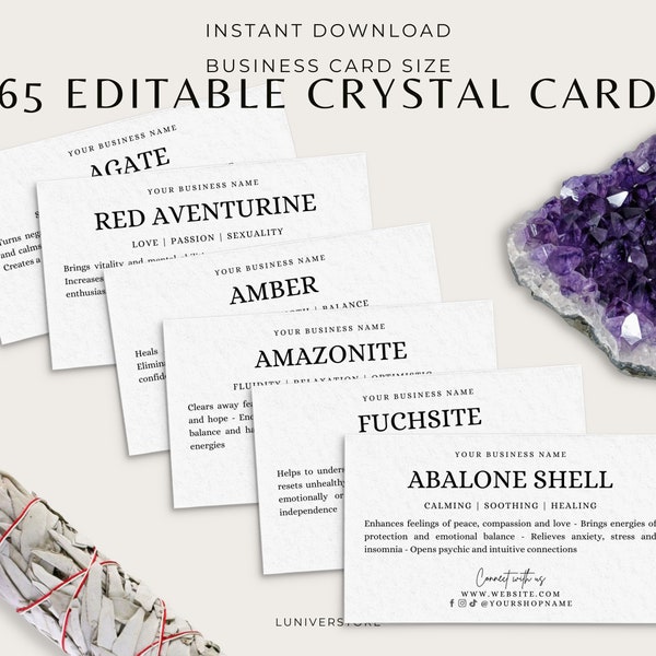 265 Editable Crystal Business Cards, Crystal Healing Deck, Instant Download Crystal Set, Crystal Meaning, Printable Crystal Reference