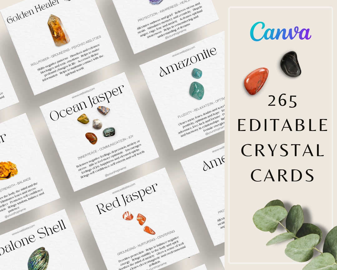 265 Editable Crystal Meaning Cards, Crystal Benefits Card, Gemstone