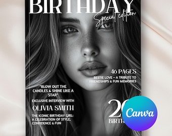 Vogue Birthday Magazine Template Canva, 46 Editable Pages Vogue Magazine, Personalized Birthday Magazine Cover, Bestie Gift, Custom Gift