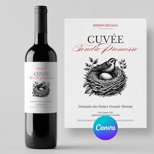 Étiquette de vin annonce grossesse – Modèle Canva personnalisable à imprimer – Idée originale pour futur papa, mamie, papy, tonton, tata