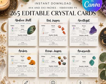 May include: A digital collection of 265 editable crystal cards featuring information on Abalone Shell, Red Jasper, Amethyst, Amber, Ocean Jasper, and Amazonite. Each card displays chakra, element, zodiac, and property details.