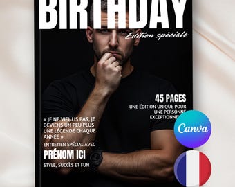 Modèle de Magazine à personnaliser dans Canva - 46 pages en Français - GQ Vogue style - Anniversaire, meilleur ami, Homme édition, pour Lui