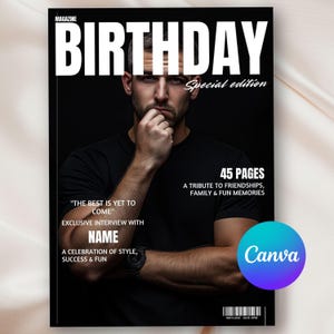 Birthday Magazine Template Canva For Him, 46 Editable Pages Vogue Magazine, Personalized Birthday Magazine Cover, Custom Best Friend Gift