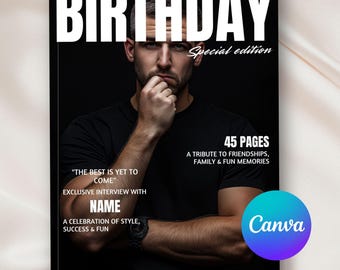 Birthday Magazine Template Canva For Him, 46 Editable Pages Vogue Magazine, Personalized Birthday Magazine Cover, Custom Best Friend Gift
