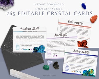 265 Editable Crystal Meaning Cards, Instant download Crystal Benefits Card, Gemstone Card, Crystal Properties Card Deck Printable