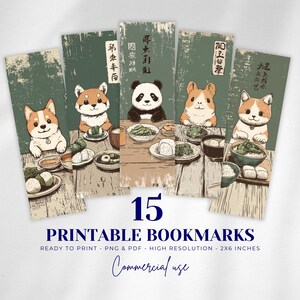 15 marcadores de animales japoneses adorables: descarga digital, juego de marcadores kawaii imprimibles, animales comiendo comida japonesa, regalo de lectura estético