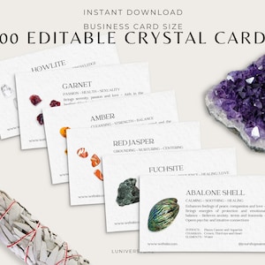 100 bewerkbare kristallen visitekaartjes, Crystal Healing Deck, Instant Download Crystal Set, Crystal Betekenis, Afdrukbare Crystal Reference