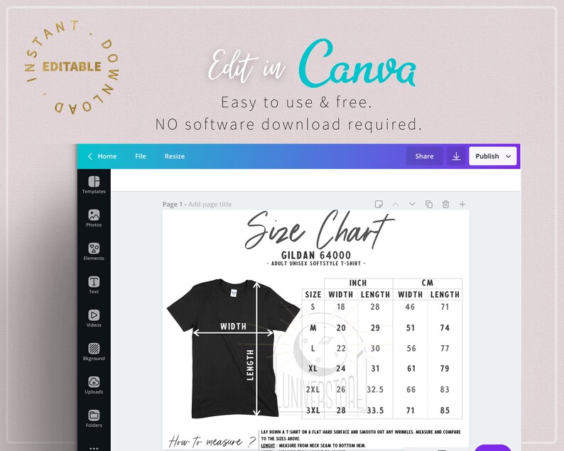 Download Editable Size Chart & Color Chart Gildan 64000 Softstyle Shirt | Etsy