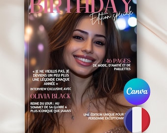 Puede incluir: Una portada de revista con un tema de cumpleaños en rosa y blanco. La portada presenta a una mujer con cabello largo y oscuro y un top dorado brillante. El texto en la portada dice "Birthday Edition Speciale" y "Olivia Black".