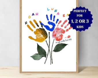 Arte con huellas de manos para San Valentín o el Día de la Madre: manualidad floral DIY para niños, bebés y niños pequeños. Recuerdo imprimible, regalo para mamá, abuela o cumpleaños.
