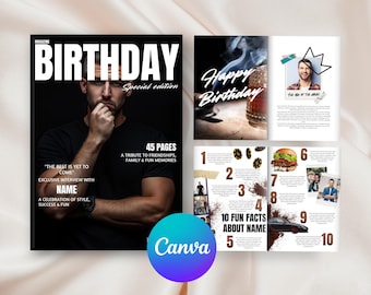 Plantilla de revista de cumpleaños Canva para él, revista Vogue editable y de moda, portada de revista de cumpleaños personalizada, regalo personalizado para tu mejor amigo