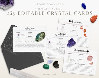 265 Editable Crystal Meaning Cards, Crystal Benefits Card, Gemstone Properties Card, Crystal Properties, Stone Deck Cards PrintableTemplate