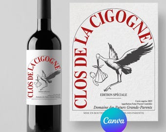 Étiquette de vin annonce grossesse – Modèle Canva personnalisable à imprimer – Idée originale pour futur papa, mamie, papy, tonton, tata