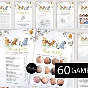 Baby Shower Winnie the Pooh, Pacchetto di giochi modificabili, Baby Shower neutro, 60 giochi inclusi e fogli con le risposte, Classico Winnie the Pooh