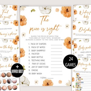 Könnte beinhalten: Ein Set von 24 Babyparty-Spielen mit Herbstthema. Die Spiele umfassen "Der Preis ist heiß", "Wünsche für das Baby" und "Papa-Witze". Jede Spielkarte zeigt Aquarellkürbisse und florale Akzente. Ein Antwortbogen ist enthalten.