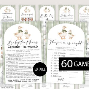 May include: A set of baby shower games with duck illustrations and titles such as "Baby Traditions Around the World" and "The Price is Right." The set includes 60 games, with editable text. The design features a green and white gingham pattern.