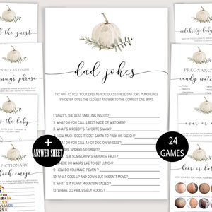 Giochi minimalisti per baby shower, design moderno e semplice per baby shower, set di giochi stampabili, una piccola zucca baby shower, design neutro rispetto al genere