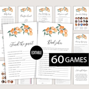 May include: A set of printable baby shower games with an orange and green citrus theme. The games include "Baby Bingo", "Pacifier Hunt", "Name That Baby Song", "The Price is Right", "Guess the Celebrity", "Find the Guest", "Dad Jokes", "Nursery Rhyme Quiz", and "Late Night Diaper".
