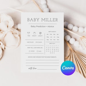 Minimalistische kaart babyvoorspelling, bewerkbaar babyshowerspel, bewerkbaar met canva, babyvoorspelling en advies babyshower, genderneutrale douche