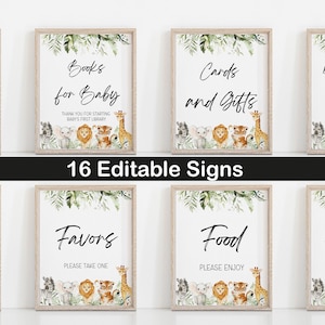 Safari-Babyparty-Tischschild, bearbeitbare Babypartyschilder, Schildpaket, 16 Schilder enthalten
